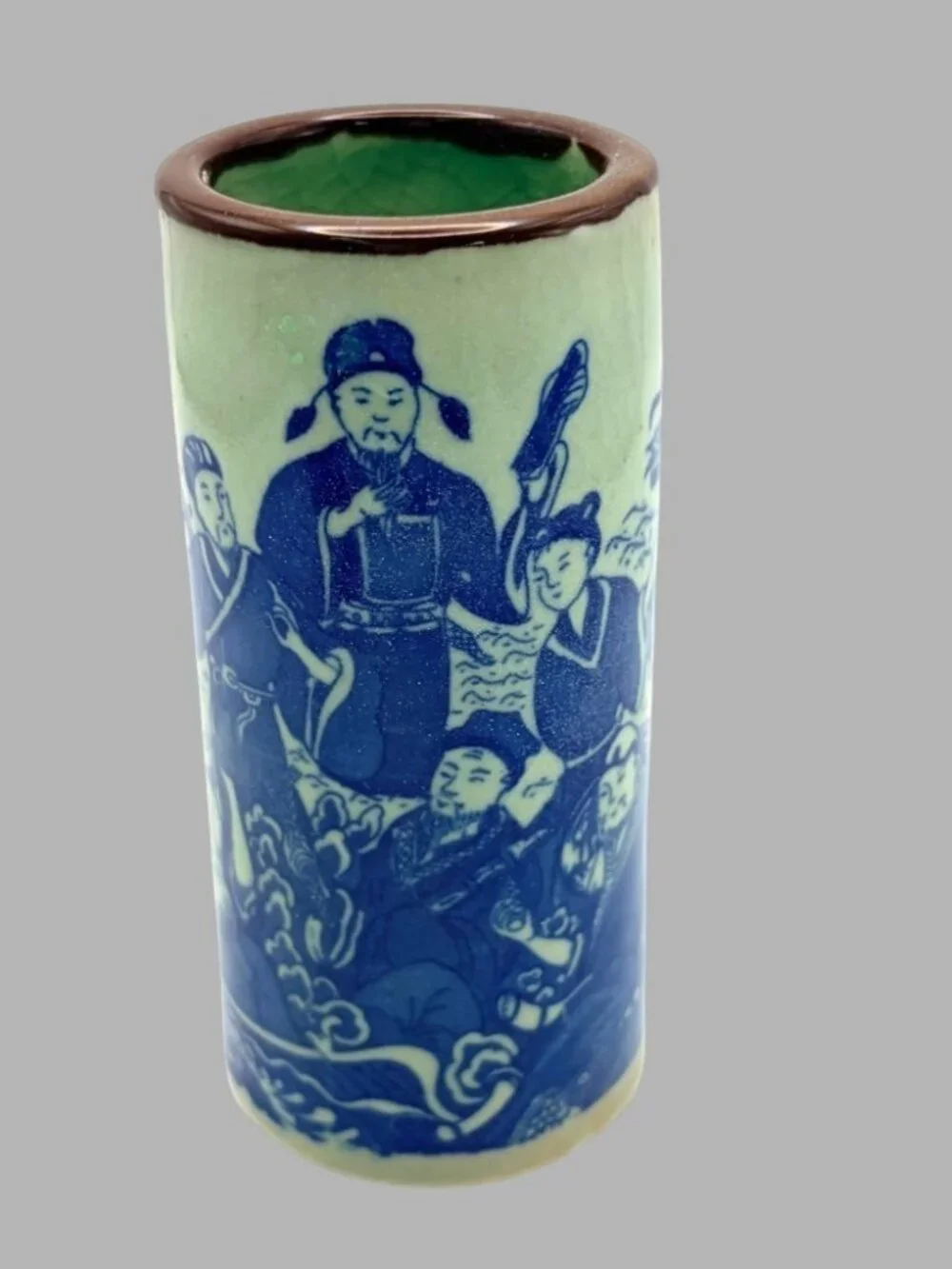 Vintage Kangxi Marked Jingdezhen Porcelain Blue White Celadon Brush Pot